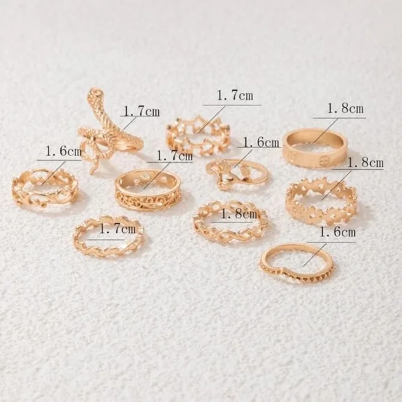 10 PIECE GOLD MIXED RING SET Sexy Luxury Rock Punk Funky - Picture 2 of 3
